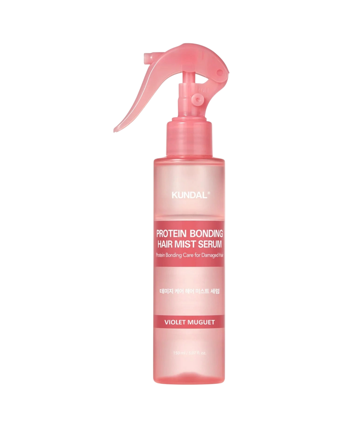 K-beauty glow KUNDAL Protein Bonding Care Hair Mist in een roze sprayfles voor herstel van beschadigd haar.