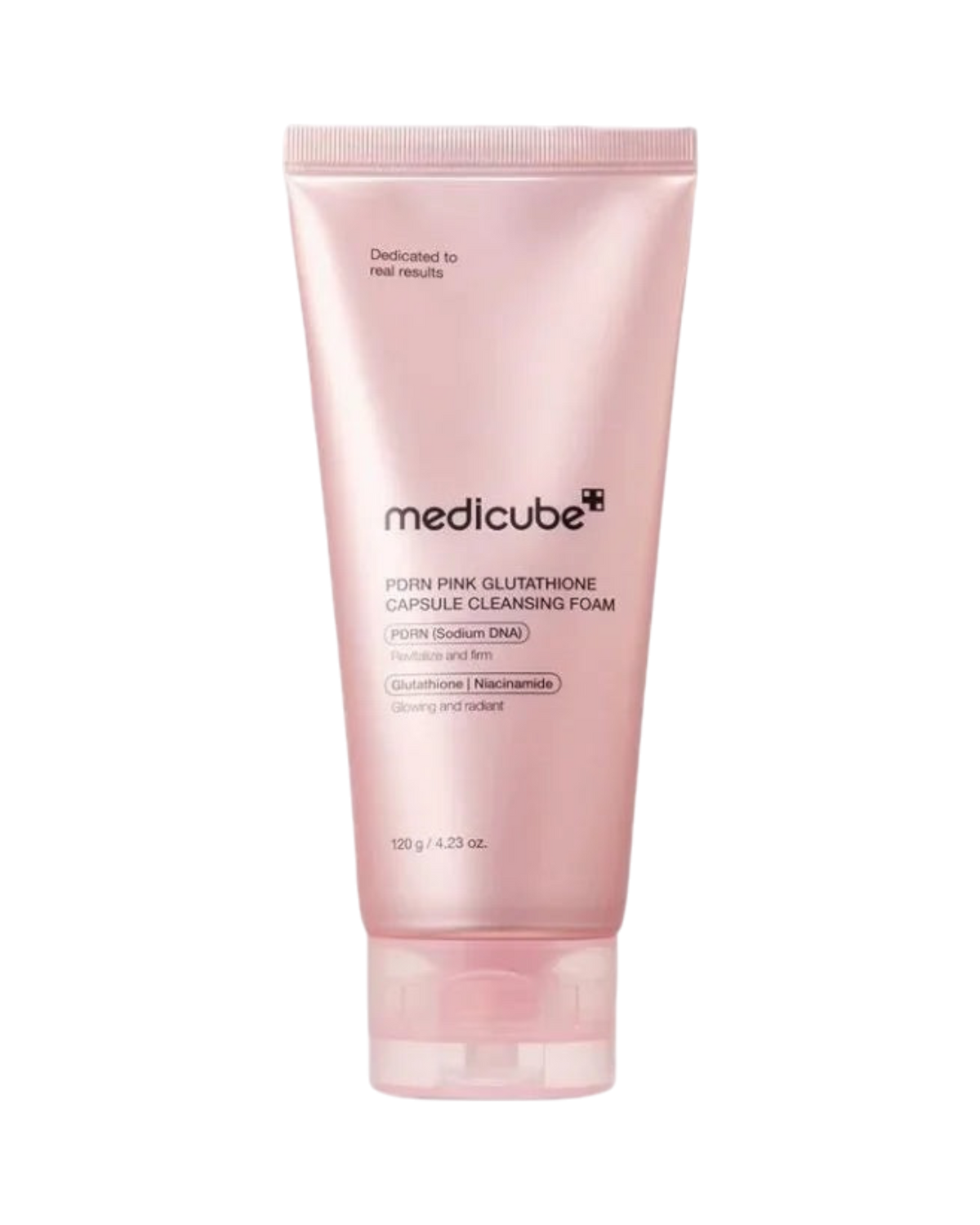 K-beauty glow Medicube PDRN Pink Glutathione Capsule Cleansing Foam in een zachte roze tube voor een stralende huid.