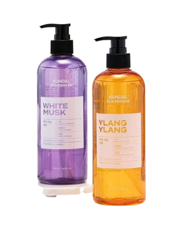 K-beauty glow KUNDAL Honey & Macadamia shampoo flessen in White Musk en Ylang Ylang geuren voor droog en pluizig haar.