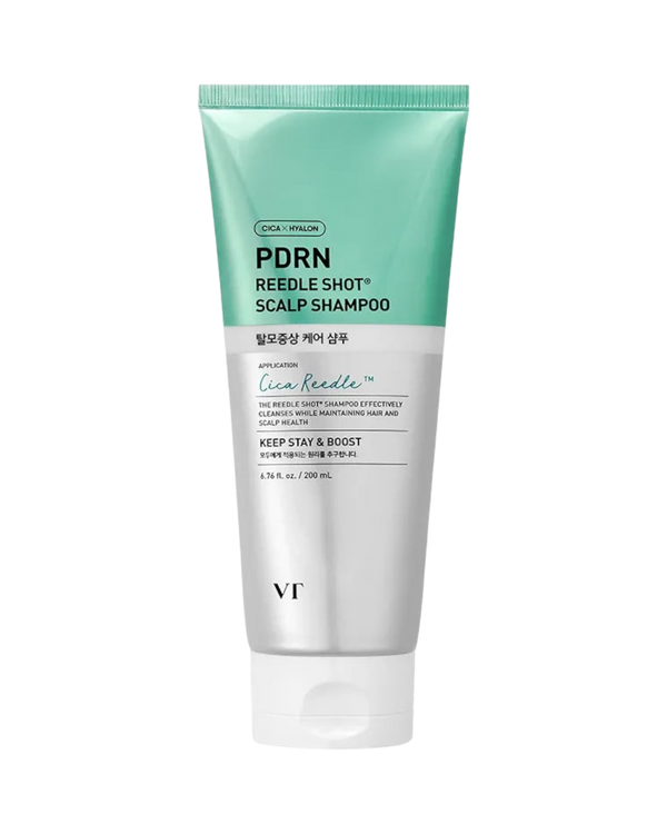 K-beauty glow PDRN Reedle Shot Scalp Shampoo in een mintgroene en witte tube voor versterking van dunner wordend haar.
