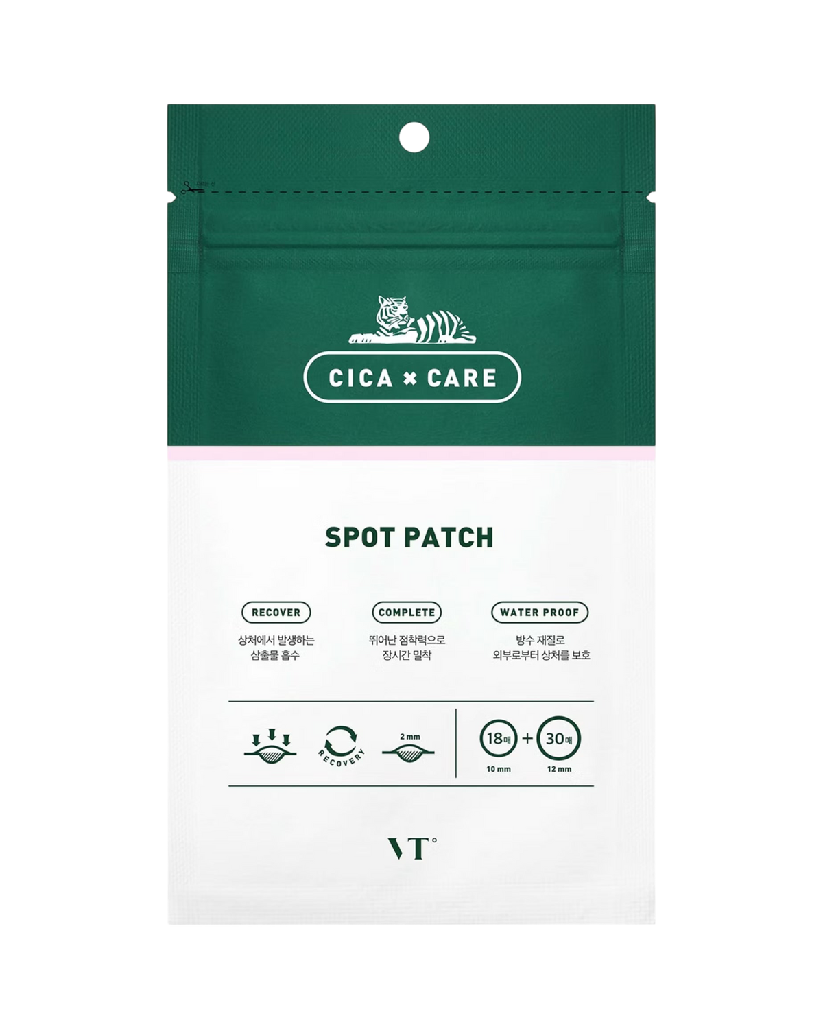 K-beauty glow VT Cosmetics Cica Care hydrocolloid spot patches in een groene verpakking voor acnebehandeling