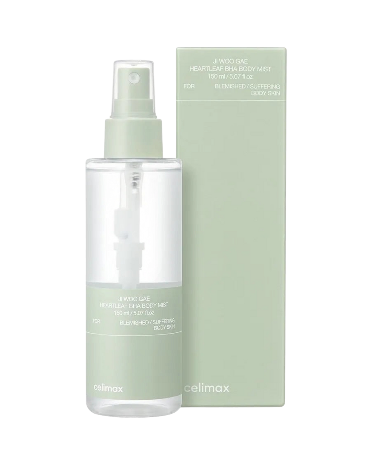 K-beauty glow Ji Woo Gae Heartleaf BHA Body Mist in een transparante sprayfles met lichtgroene verpakking.