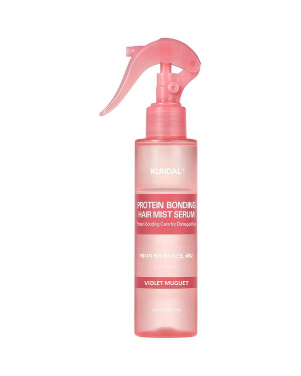 K-beauty glow KUNDAL Protein Bonding Care Hair Mist in een roze sprayfles voor herstel van beschadigd haar.