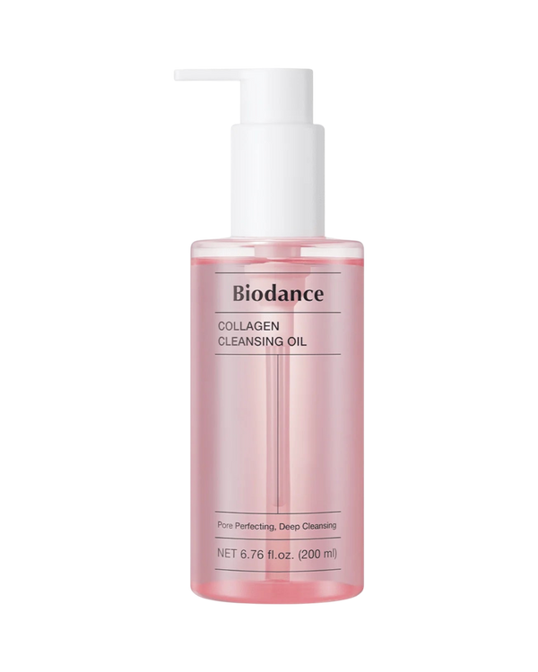 K-beauty glow Biodance Collagen Cleansing Oil in een roze transparante fles met pompdispenser voor diepe reiniging.