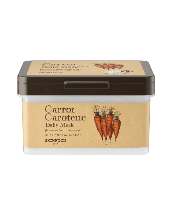 K-beauty glow Skinfood Carrot Carotene Daily Mask in een pot met 30 hydraterende en kalmerende gezichtsmaskers.