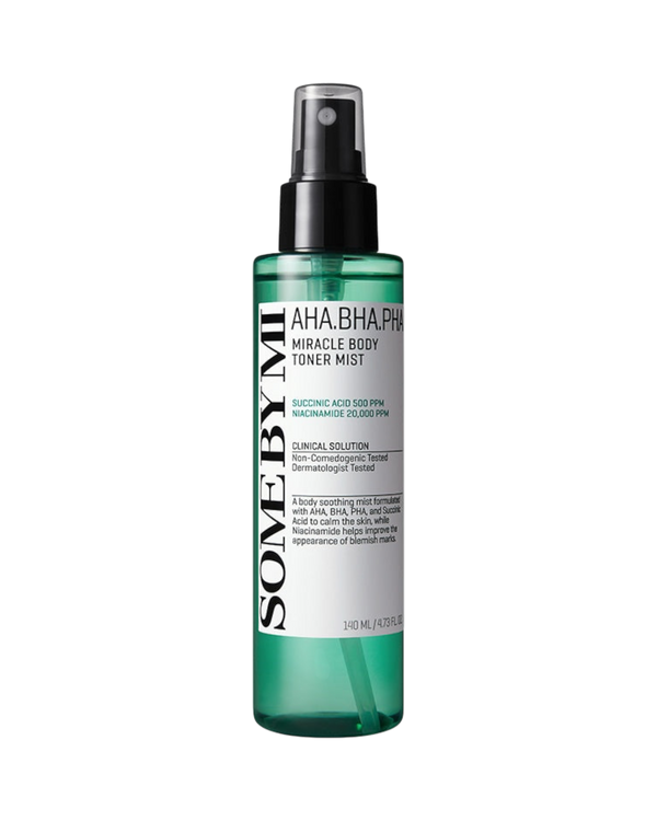 K-beauty glow AHA BHA PHA body toner mist in een groene sprayflacon voor acne-gevoelige huid