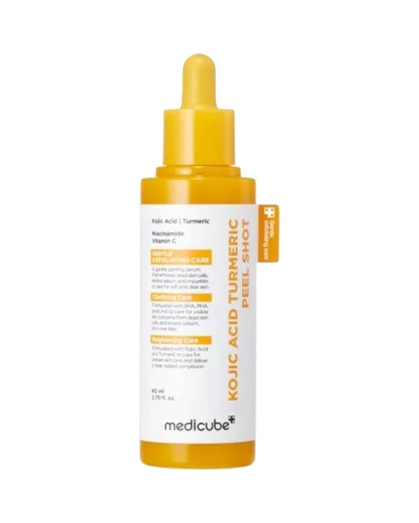 K-beauty glow Kojic Acid Turmeric Peel Shot in een gele fles met pipet voor een stralende en egale huid.