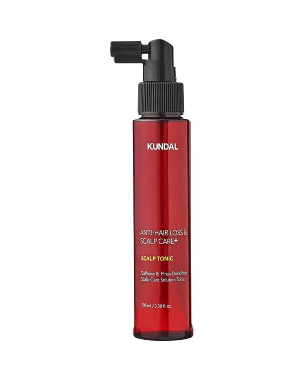 K-beauty glow KUNDAL hoofdhuid tonic met cafeïne en salicylzuur in een rode fles voor haaruitval en verzorging